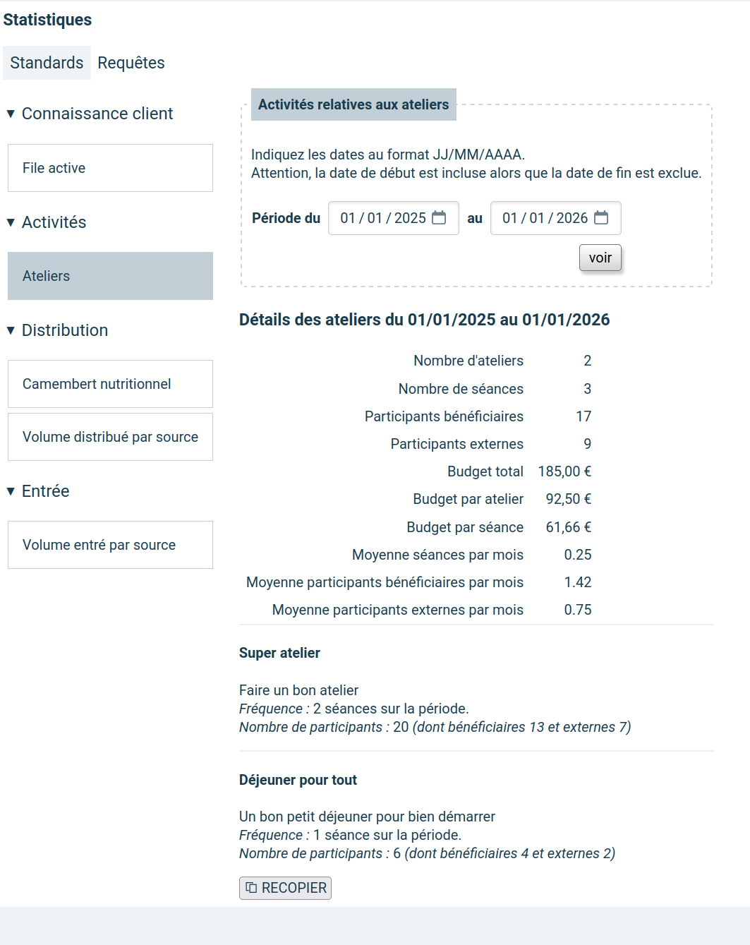 Statistiques standards sur les ateliers -
Aperçu