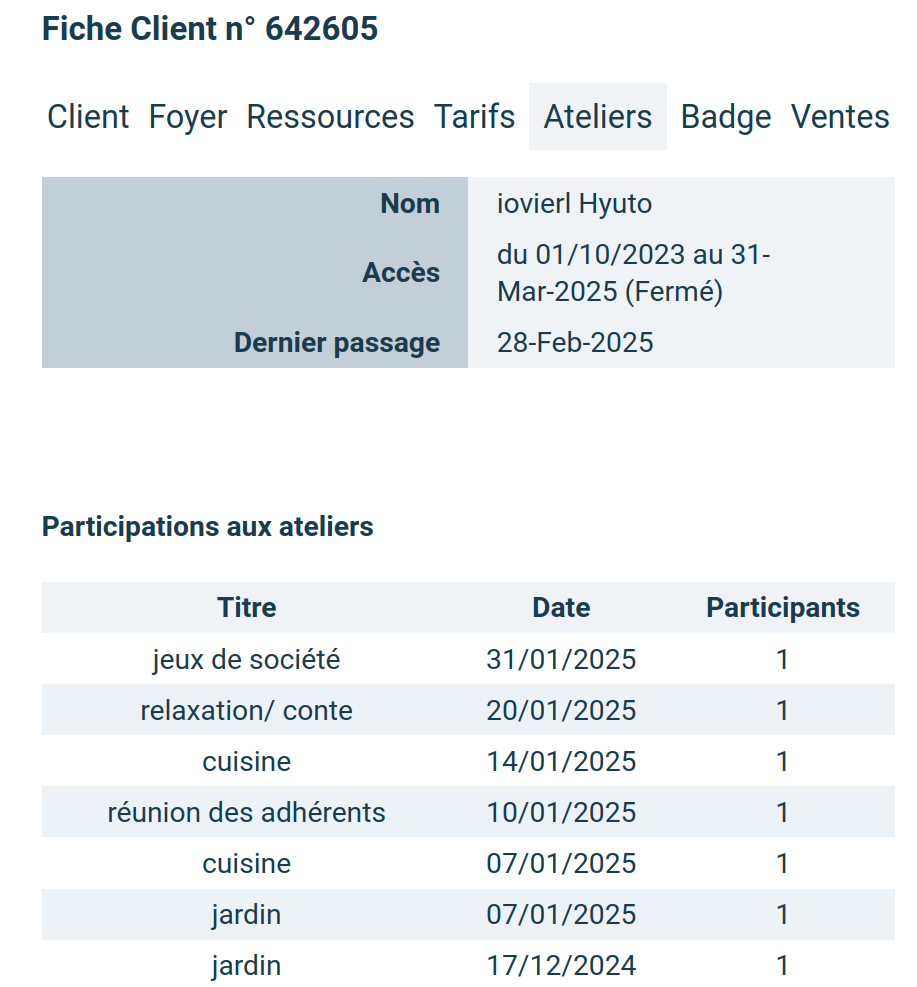 ateliers dans la fiche client