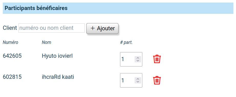 numéro client des participants atelier