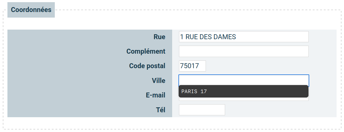 suggestion de la ville à partir du code postal