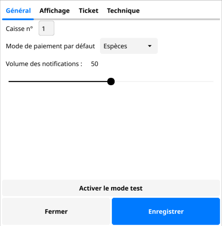 paramètres de la caisse