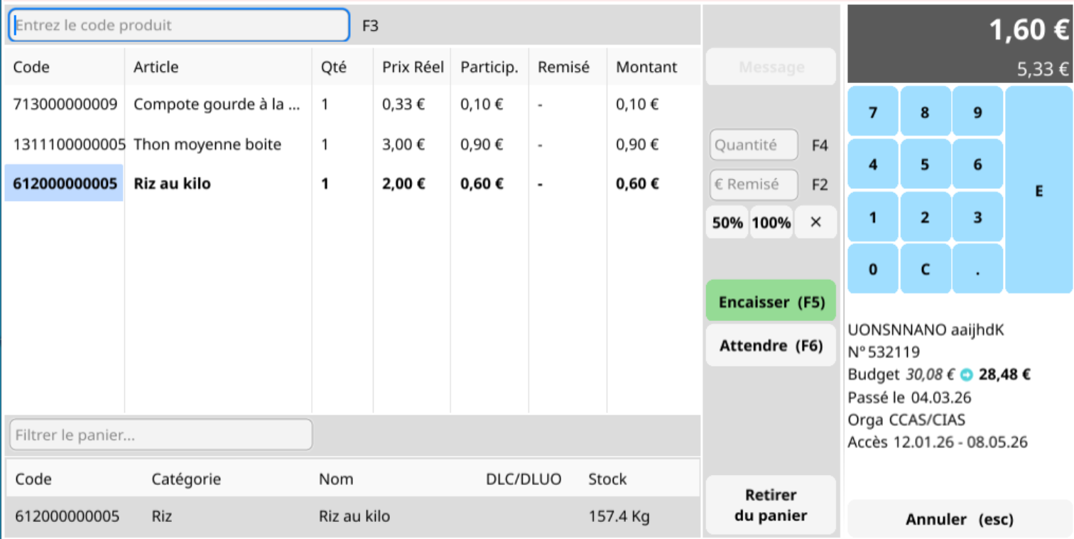 Écran panier avec le solde restant actualisé