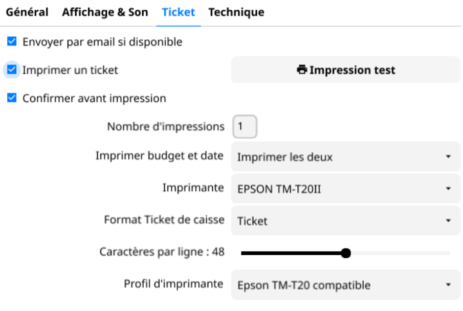 Paramétrage ticket avec le profil d&rsquo;imprimante