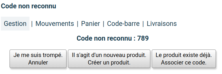 Nouveau choix possible après la saisie d’un code inconnu