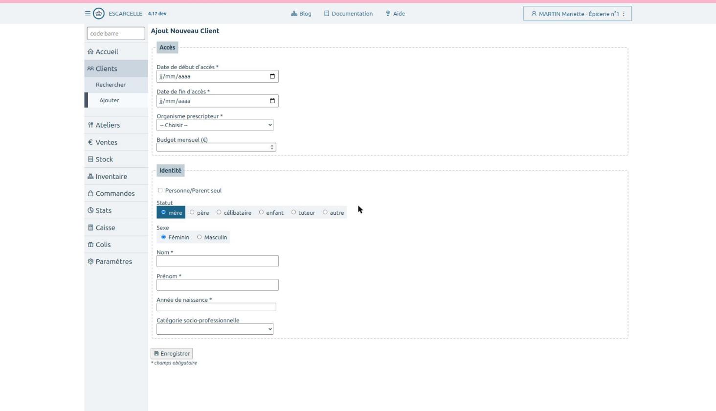 Le champ CSP est disponible dès la création du client