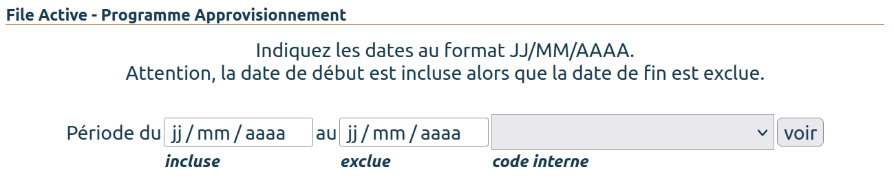 Premier écran de la file active avec les champs pour indiquer les dates de début et de fin