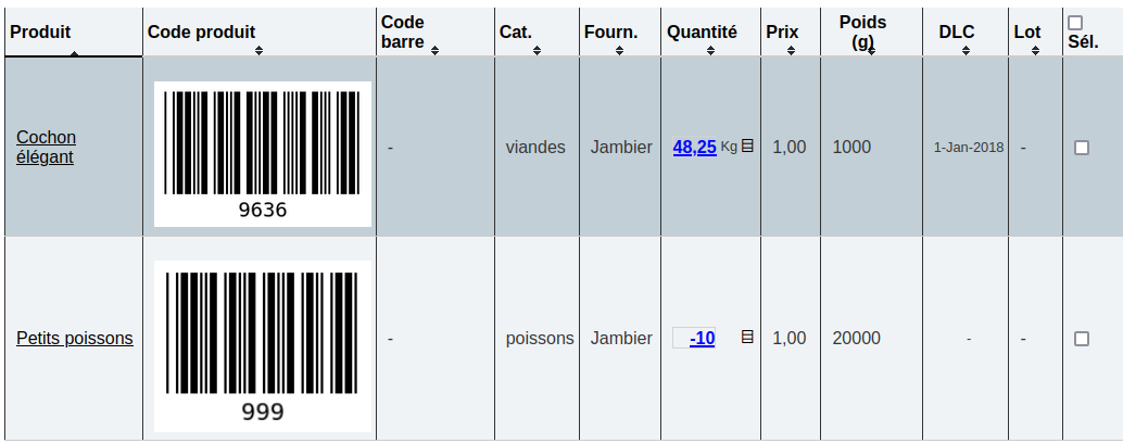 Résultat d&rsquo;une recherche stock/produit avec affichage du visuel de code produit