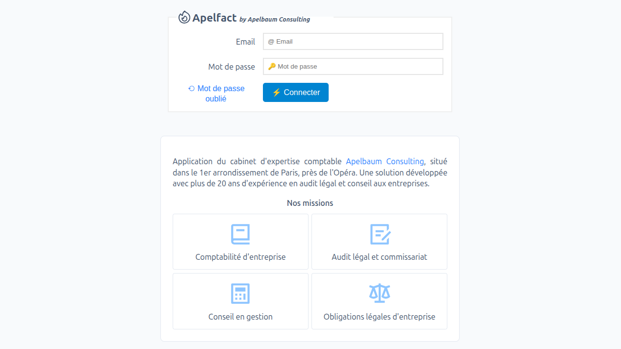 La page de connexion d'ApelFact