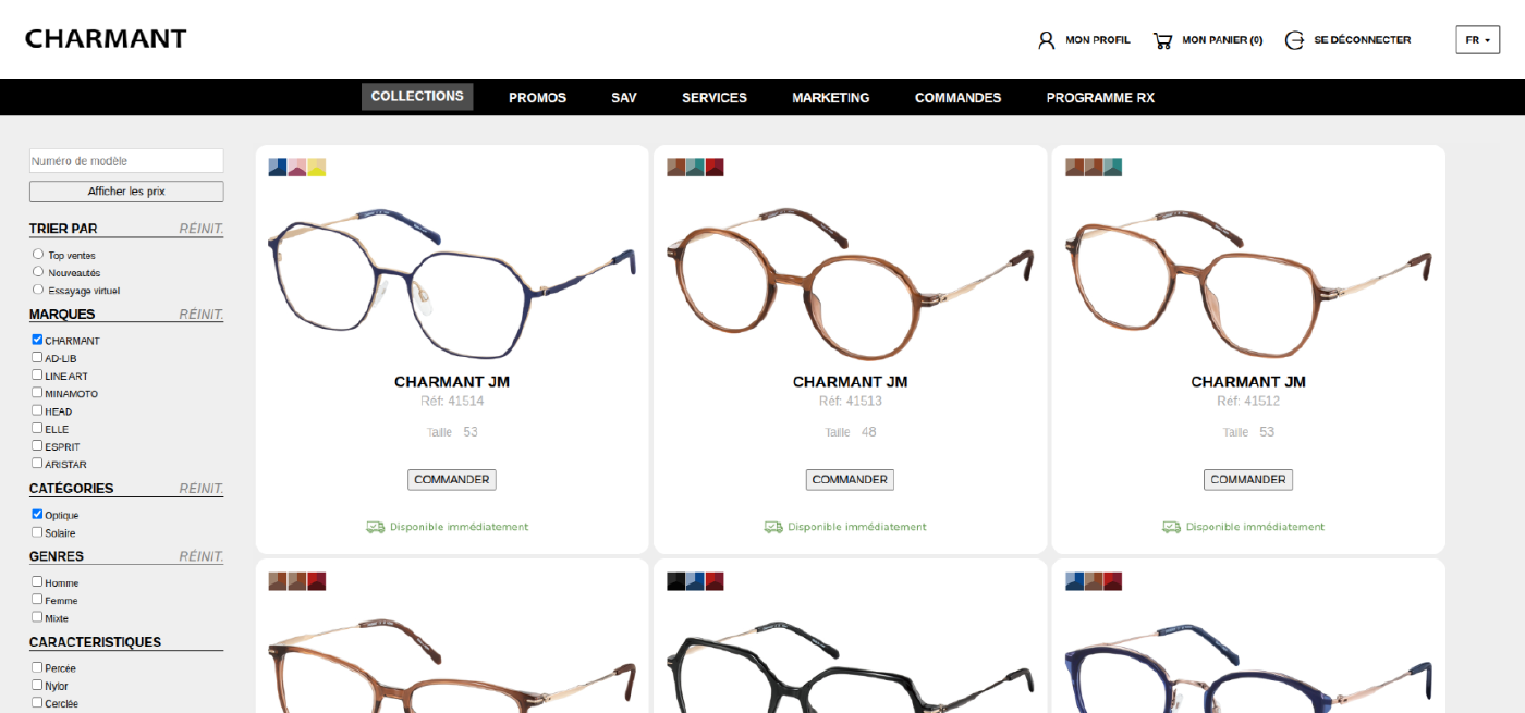 Le catalogue : filtres par marque, catégorie et caractéristiques, disponibilité de chaque monture