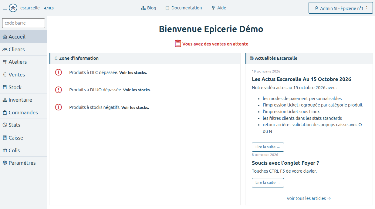 L'accueil : alertes sur les dates limites et les stocks, actualités du logiciel