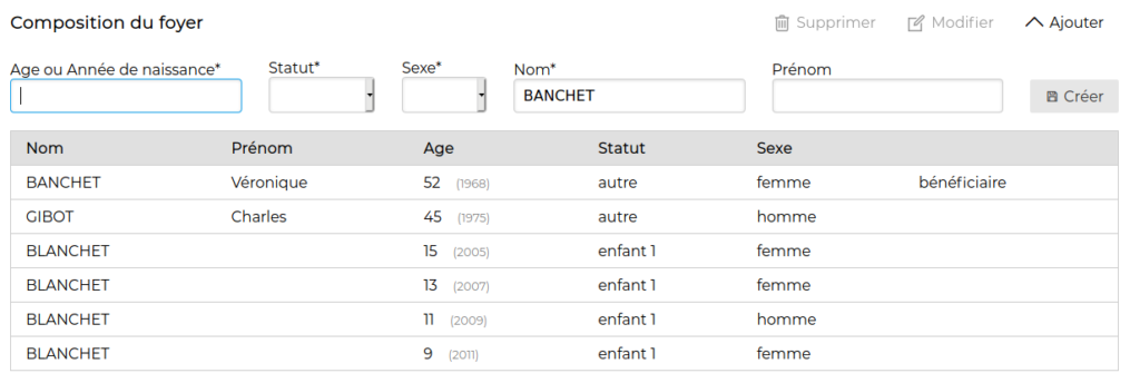 Formulaire d'ajout d'un membre du foyer